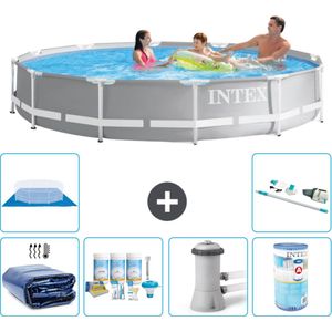 Intex Rond Prism Frame Zwembad - 366 x 76 cm - Grijs - Inclusief Solarzeil - Onderhoudspakket - Zwembadfilterpomp - Filter - Grondzeil - Stofzuiger