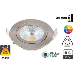 Inbouw LED Spot 5w Flat, 450 Lumen, 2500K, Kantelbaar, IP54, Dimbaar, CRI90, Staal Armatuur, Gatmaat 75mm