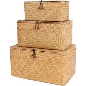 Set van 3 Plankmand met Deksel voor Home Decor Zeegras Opbergmanden Natuurlijke Rotan Geweven Rechthoekige Organizer Box (Set van 3)