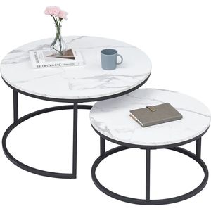 Quihob® 2 Marmer Textuur Salontafel - Nordic - Set - 60CM & 40CM - WoonkamerMeubels - Zwart en Wit