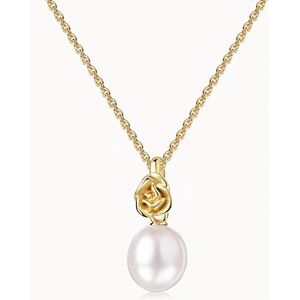 Roos & Parel Ketting – 14K Goud Vergulde Sterling Zilver – 3D-Rose Flower Freshwater Pearl – Cadeau voor Haar