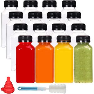 16 stuks kunststof sapflessen van 250 ml om te vullen, herbruikbare lege smoothiefles inclusief reinigingsborstel en siliconen trechter, ideaal voor mini-koelkast en sapshots