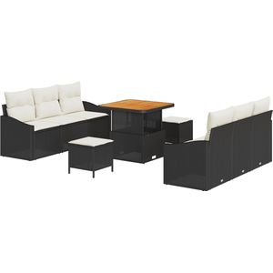 vidaXL - 9-delige - ligbedset - met - kussens - in - zwart - poly - riet - en - acacia
