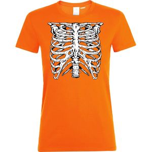 Dames T-shirt Skelet Ribbenkast | Halloween Kostuum Volwassenen | Halloween | Foute Party | Oranje dames | maat M
