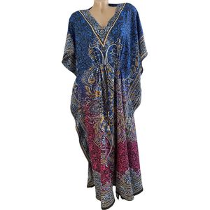 Kaftan - Jurk 130CM lang Paisleyprint Kleuroverloop met aantrekkoord One size blauw/roze