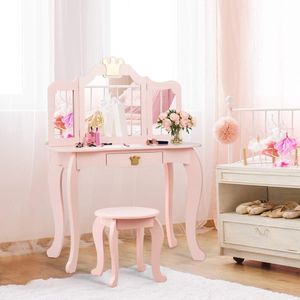 Houten kaptafel voor kinderen - roze - met kruk en spiegel - kindertafel met lade - 80 x 42 x 105 cm make up tafel