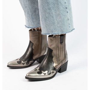 Manfield - Dames - Zwarte metallic leren cowboy laarzen - Maat 40