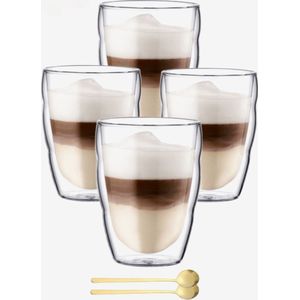 Dubbelwandige Koffieglazen 350ML Set van 4x Met Gratis 4x Lepels - Latte Macchiato Glazen - Set van 4 - Dubbelwandige Cappuccino Glazen - Dubbelwandige Theeglazen - Cappuccino Glazen - Koffieglazen