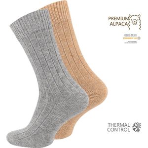 2 paar Wollen sokken met Alpacawol - Fijn gebreid - Unisex - Grijs-Beige - Maat 47-50