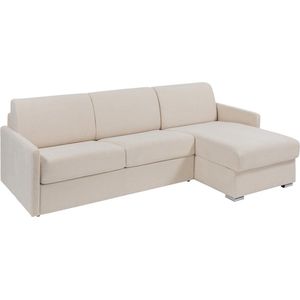 Omkeerbare, snel om te bouwen slaapbank met hoek in beige stof - Bed van 140 cm - Matras 18 cm - CALIFE L 241 cm x H 97 cm x D 94 cm