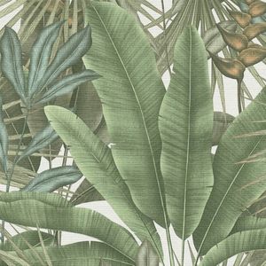 Natuur behang Profhome 396472-GU vliesbehang hardvinyl warmdruk in reliëf licht gestructureerd in jungle stijl mat groen wit beige 5,33 m2