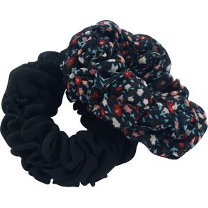 Haarelastiekjes scrunchie retro zwart met bloemetjes