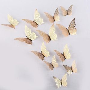 Cake topper decoratie vlinders of muur decoratie met plakkers 12 stuks goud - 3D vlinders - VL-02