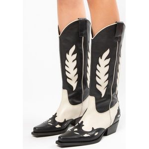 Sacha - Dames - Zwarte leren cowboylaarzen met off white details - Maat 38