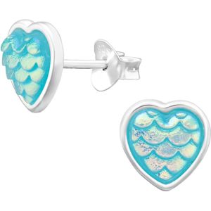 Joy|S - Zilveren hartje oorbellen - met glinsterende zeemeermin schubben blauw - 8 mm - kinderoorbellen