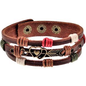 Armband Unisex - Houtkleurige Bruin Leer - Leder Armband met Dubbele Hart Bronskleurige - Multicolor-Veters