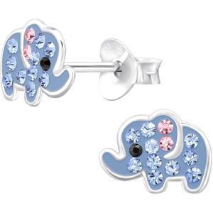 Joy|S - Zilveren olifant oorbellen - blauw met blauw roze kristalletjes - 8.5 x 6.3 mm - kinderoorbellen