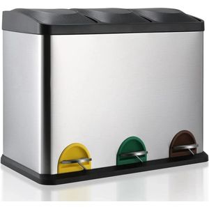 Rechthoekige Prullenbak 45 Liter - Keuken Vuilnisbak met Pedaalemmer - 3 x 15L Compartimenten - Roestvrij Staal - Sterk Pedaal, Antislip Voet, Zacht Sluitend en Blijf-Open Deksel - 60,5x32,5x47 cm