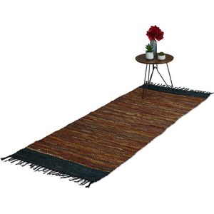 Relaxdays vloerkleed leder en katoen - tapijt met franjes - diverse kleuren - binnenkleed - Bruin, 80 x 200 cm