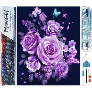 Figured'Art Diamond Painting set Volwassenen 40x50 cm Paarse bloemen en vlinders - 5D DIY Art full drill vierkante diamant - Opgerold canvas