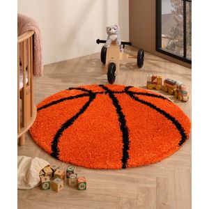 Rond vloerkleed Kinderkamer - Basketbal oranje/zwart 120 cm rond