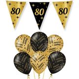 80 jaar verjaardag versiering pakket zwart/goud vlaggetjes/ballonnen