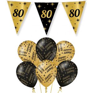 80 jaar verjaardag versiering pakket zwart/goud vlaggetjes/ballonnen