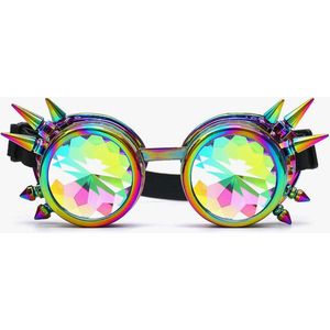 Goggles met spikes regenboog kleuren - Steampunk bril - festival bril - Goggles Steampunk Bril Met Spikes -met handig opbergzakje- Space bril met caleidoscoop glazen