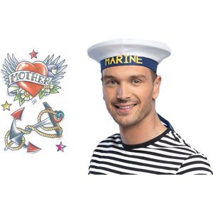 Carnaval verkleed Matrozen hoedje - wit - met zeeman plak tatoeages - volwassenen - accessoires set