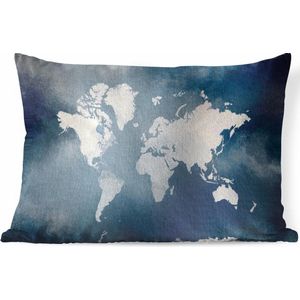 Sierkussens - Kussen - Lichtgekleurde wereldkaart op een achtergrond van blauwe waterverf - 50x30 cm - Kussen van katoen