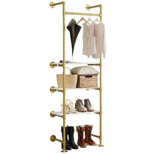 LiveTastic - Urban Stijl - Industrieel Wandrek - Kledingrek - Met Pijpen - Bevestiging aan de muur- Houten planken – Wandrek met Pijpleiding - Gouden Afwerking - 178 cm Hoog