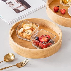 bamboe dienblad, rond dienblad hout met handgrepen en verhoogde rand, dienblad voor eten wijn koffie thee fruit maaltijden (35 x 35 x 5 cm)