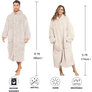Pluche hoodiedeken voor vrouwen en mannen, super warme en gezellige grote draagbare deken hoody's homewear, dikke losse pluche jassen (beige, L), beige