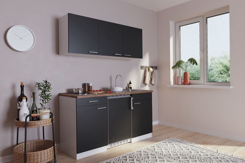 Goedkope keuken 150  cm - complete kleine keuken met apparatuur Luis - Wit/Zwart - keramische kookplaat  - koelkast  - mini keuken - compacte keuken - keukenblok met apparatuur