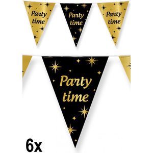 6x Luxe Vlaggenlijn Party Time zwart/goud 10 meter - Classy - Dubbelzijdig bedrukt - Abraham Sarah festival thema feest party
