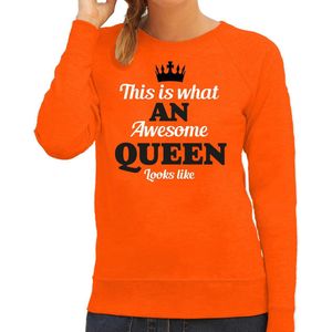 Bellatio Decorations Koningsdag sweater voor dames - awesome Queen - oranje - feestkleding M