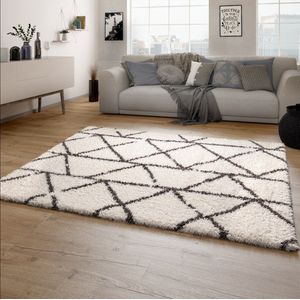 Paco Home Hoogpolig Vloerkleed Woonkamer Shaggy Langpolig Scandinavisch Ruiten Patroon 120x160 cm