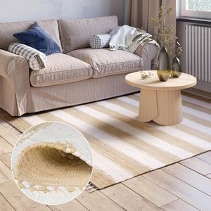 Chindi tapijt 60 x 110 cm - beige wit gestreept, handgeweven, gerecycled katoen als lappentapijt en omkeerbaar tapijt, modern Kelim tapijt