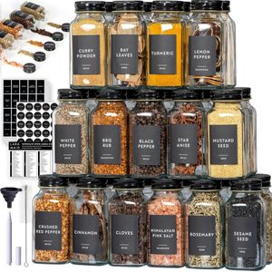 BOTC 24 Glazen Kruidenpotjes Set - Kruidenstrooier met Zwarte Deksel - Spice Jars - Complete Set incl 372 Nederlands Kruidenpotjes Stickers en 72 blanco Stickers - 120ml - Zwart