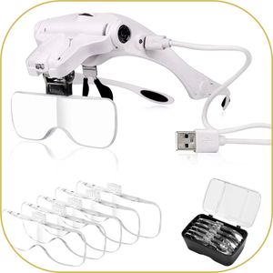 Loepbril - USB Oplaadbaar - LED verlichting - Incl 5 lenzen - Loeplamp - Vergrootglas - Diamond Painting - Solderen