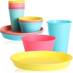 18-delige bekers, kom, bord, picknick en barbecue-accessoires in regenboogkleuren, campingservies, reisservies, ruimtebesparend en hygiënisch, voor 6 personen (servies - 18 delen)