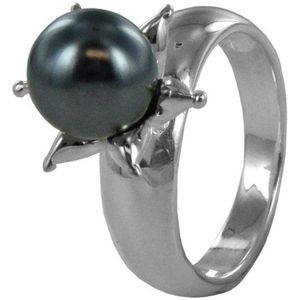 Silventi 9SIL-20717 Zilveren Ring met Parel - Dames - Bloem - Parel - Grijs - 10 mm Doorsnee - Maat 60 - Zilver