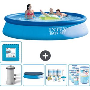 Intex Rond Opblaasbaar Easy Set Zwembad - 396 x 84 cm - Blauw - Inclusief Pomp Afdekzeil - Onderhoudspakket - Filters - Vloertegels