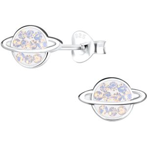 Joy|S - Zilveren planeet oorbellen - saturnus - 10 x 6 mm - kristal wit paarlemoer