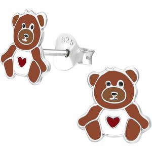 Joy|S - Zilveren beer oorbellen - 8 mm - beer met een rood hartje oorknoppen