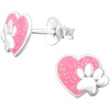 Oorbellen meisje | Zilveren kinderoorbellen | Zilveren oorstekers, roze glitterhart met pootafdruk