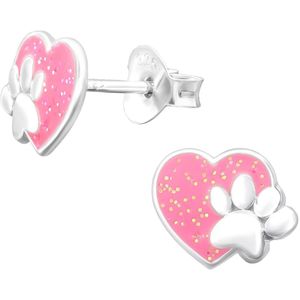 Oorbellen meisje | Zilveren kinderoorbellen | Zilveren oorstekers, roze glitterhart met pootafdruk