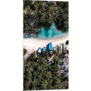 WallClassics - PVC Schuimplaat- Bovenaanzicht van Blauwe Bootjes tussen Palmbomen op Wit Strand - 50x100 cm Foto op PVC Schuimplaat