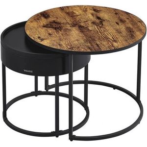 Ronde salontafel set van 2 - ronde bijzettafels - verborgen opbergbak - natuurlijke walnoot zwart