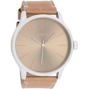 OOZOO Timepieces - Zilverkleurige horloge met camel leren band - C7815